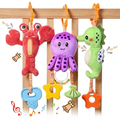 Productafbeelding van Speelgoed knuffel - Zeedieren ophangspeelgoed - Kreeft octopus zeepaardje - 3 stuks - Pluche met rammelaar