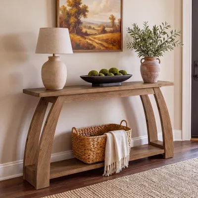 Immagine prodotto di Tavolino consolle in legno massello, 160 cm, tavolo d'ingresso a due livelli con spazio contenitivo, tavolo d'ingresso in stile rustico con struttura sagomata, color marrone