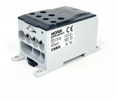 Produktbild von Morek MAB1403S10 Verteilerklemme, OJL400AF, 10x(1x25) Eingang, 4x35/3x50mm² Ausgang, kompakte Stromverteilung, sichere Verdrahtung, vielseitig einsetzbar, robuste Bauweise