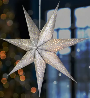 Produktbild von BRUBAKER 60 cm Papier Weihnachtsstern zum Aufhängen - Adventsstern - 3D Papierstern mit E14 Fassung, Silber