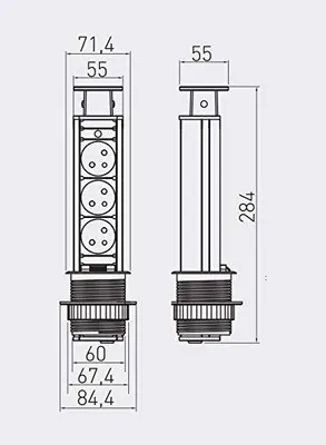 Productafbeelding van Inbouw verlengkabel voor het bureau, 60 mm diameter, zwart, met 3 stopcontacten (met/zonder AE-BPW3U60-20)