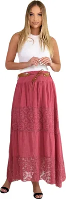 Produktbild von Mississhop Langer Baumwollrock mit Spitze & Gürtel 3094 Himbeerrot hell