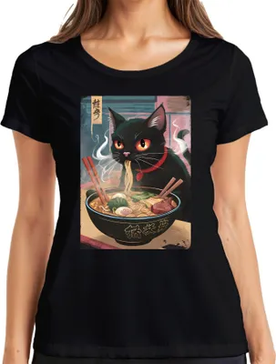 Produktbild von Schwarze Katze Ramen Nudelsuppe Japanisch Kawaii Anime Neko Chibi Damen T-Shirt, Schwarz, M