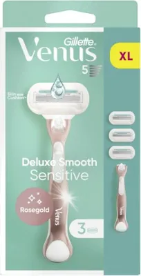 A product package for a Gillette Venus Sensitive Rose Gold razor.