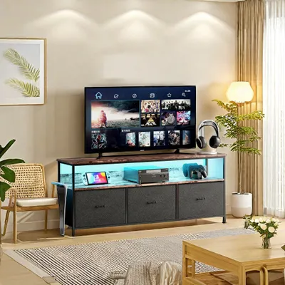 Zdjęcie produktu dla Wielofunkcyjna komoda meblowa, komoda TV w palecie kolorów tygrysiej skóry z czarnymi szufladami z tkaniny, oświetleniem LED, toaletką do przechowywania i szafką kuchenną do przechowywania
