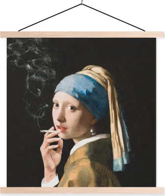 Produktbild von MuchoWow® Textilposter Das Mädchen mit dem Perlenohrring - Vermeer - Rauchen 60x60 cm mit holzfarbenen Rahmen - Wanddekoration