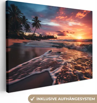 Produktbild von MuchoWow® - Leinwandbilder - Sonnenuntergang - Strand mit Palmen - Meer, Wandbild, Wanddeko Bilder Wohnzimmer, 120x90 cm