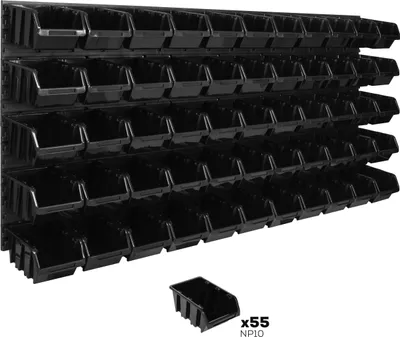 Produktbild von Lagersystem Wandregal 1734 x 780 mm | 55 stck. Box | Stapelboxen Schüttenregal Sichtlagerkästen | Extra Starke Wandplatten | Regal Erweiterbar | Werkstattregal Lagerregal Werkstattwandregal Steckregal