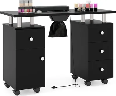Zdjęcie produktu dla Stół do manicure COSTWAY z elektrycznym odsysaniem pyłu, stół do paznokci z 3 workami na pył, podpórką na nadgarstki i szufladami, stół do paznokci na 8 kółkach