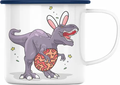 Produktbild von Trendation - Emaille Tasse Ostern T-Rex Dino Ostergeschenke Kinder Jugendliche Geschenke Lustige Grafik Osterhase Ostereier Hasenohren (Blau)