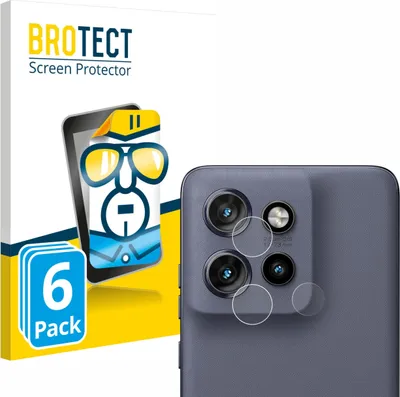 A product packaging for screen protectors, with a graphic of a character and a smartphone, and a close-up of a smartphone camera module with screen protectors applied.