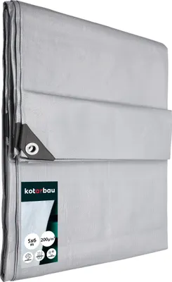 A folded silver tarp with a label showing product details.