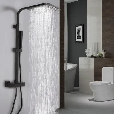 Obrázek produktu pro Termostatická sprchová sada, moderní černý design, otočná sprchová hlavice, nastavitelná výška