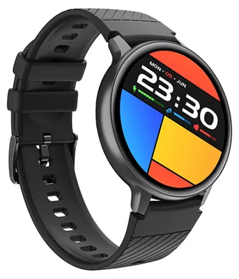 A smartwatch with a black strap and a circular face displaying the time and date.