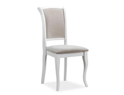 A white dining chair with a beige upholstered seat and backrest, shown against a white background.