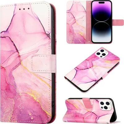Produktbild von iPhone 14 Pro Hülle, Marmor Motiv Kunstleder Tasche Wallet Kartenfächer mit Standfunktion Klapp Schutzhülle für iPhone 14 Pro Rosa