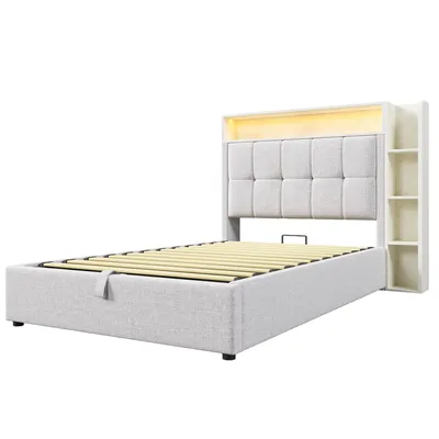 Immagine prodotto di letto imbottito okwish 90x200 letto singolo per ragazzi con funzione di cassetto, struttura letto senza materasso, struttura letto con illuminazione LED e vani a giorno, beige