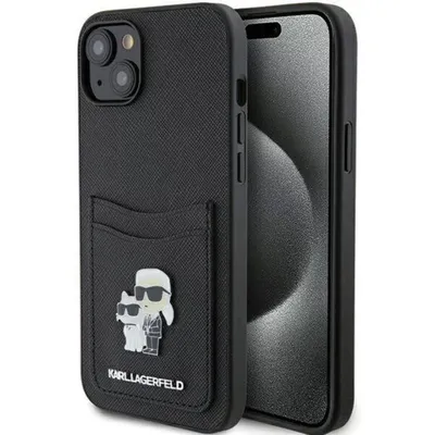 A black Karl Lagerfeld iPhone case with a card slot and a graphic of Karl Lagerfeld and his cat Choupette.