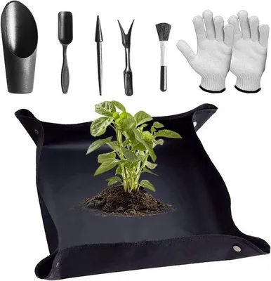 Produktbild von Garten-Umtopfmatte, 100x100cm, schwarz, mit Minigartenwerkzeug