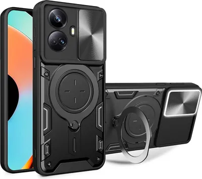 Obrázek produktu pro Pouzdro pro Realme 10 Pro+ dvojvrstvé odolné pouzdro s ochranným krytem kamery a kruhovým stojánkem na prsten černé