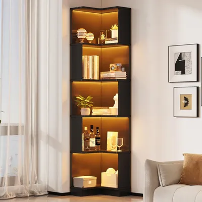Obrázek produktu pro Rohová knihovna černá s LED osvětlením a ovládáním přes aplikaci L-tvar Multifunkční regál 5 polic Moderní stojanová knihovna MDF 63,5x45x175 cm do obývacího pokoje nebo kanceláře