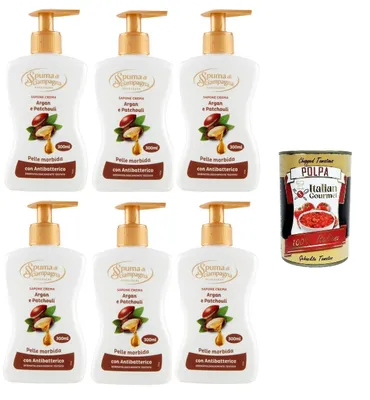 Produktbild von Spuma di sciampagna Sapone Crema Argan und Patschuli -Cremeseife 6x 300ml+ Italian Gourmet polpa 400g