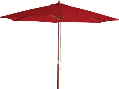 A red rectangular patio umbrella with a wooden pole, isolated on a white background.