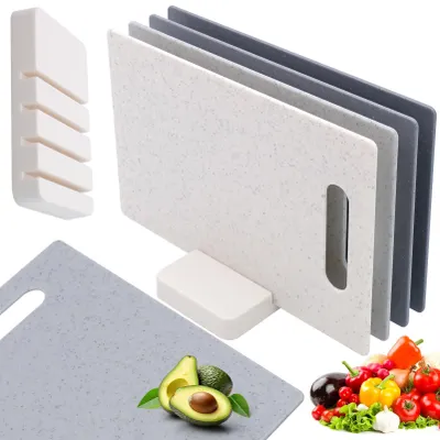 Produktbild von 4er-Set Schneidebretter, rutschfeste Küchenbretter aus Kunststoff mit Griffen und Aufbewahrungsständer, professionelle Frühstücksbretter 28 x 18 cm, BPA-frei, spülmaschinenfest