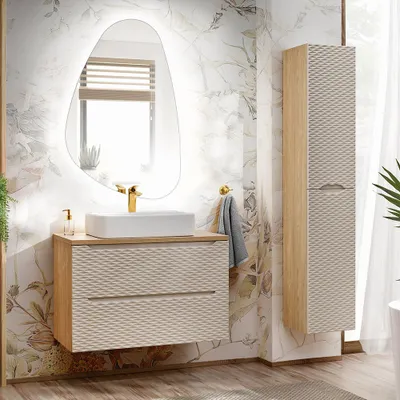 Produktbild von Badmöbel Set 3-teilig mit 90cm Waschtisch, Eiche mit beige, OLUO-56-BEIGE