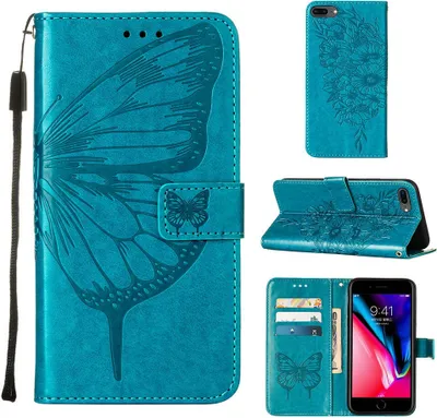Image de étui pour iPhone 8 Plus, papillon en relief Flip en cuir porte-cartes Étui en cuir avec support pour iPhone 8 Plus/ 7 Plus/ 6s Plus/ 6 Plus Bleu