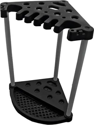 A black corner tool stand with gray legs against a white background.