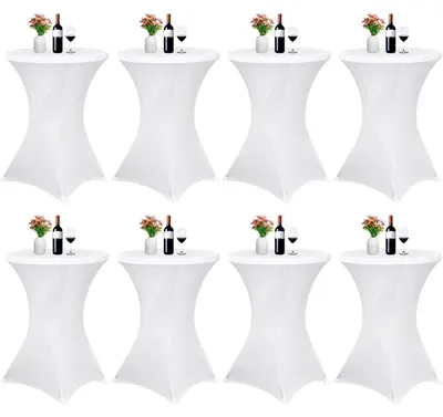 Productafbeelding van Set van 8 tafelhoezen voor bistrotafels, diameter 80-85 cm, wit. Stretch-hoes met voetversteviging, afmetingen 80x110 cm