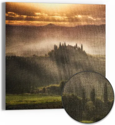 Produktbild von DEQORI Hybrid Leinwand Bild 50x50 cm 'Morgenlicht Zauber' Wandbild Glas flach modern