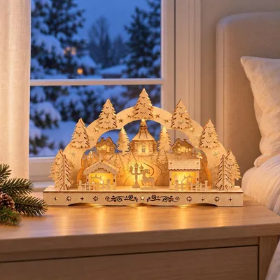 Productafbeelding van Salcar Houten kerstdorp, 3D lichtboog, 43 cm met 10 LED-lampjes, batterij aangedreven, kerst-, advent- en winterdecoratie voor tafel en raam