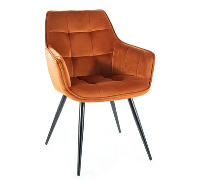 A single orange velvet armchair with black metal legs, photographed against a white background.