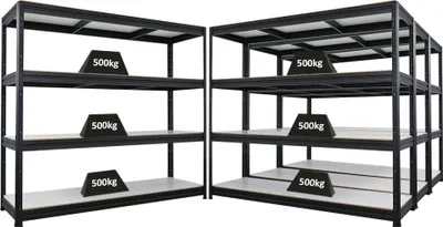 Produktbild von Mega Deal | 4x Schwerlastregal DINO | HxBxT 180x200x60cm | 4 Melamin-Ebenen 16mm | Fachlast 500kg | Schwarz