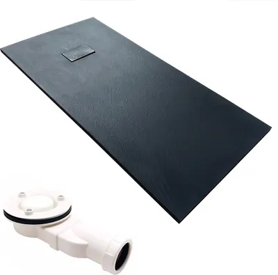 A black shower tray and a white drain assembly are shown against a white background.
