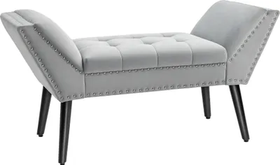 Produktbild von Polsterbank / Klavierbank, Samtoptik, Sitzbank für Schlafzimmer & Wohnzimmer, Gummiholz, Hellgrau, 114 x 46 x 56 cm