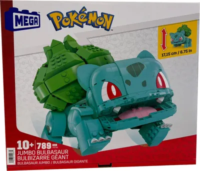 The image shows the packaging for a Mega Construx Pokemon Jumbo Bulbasaur building set.