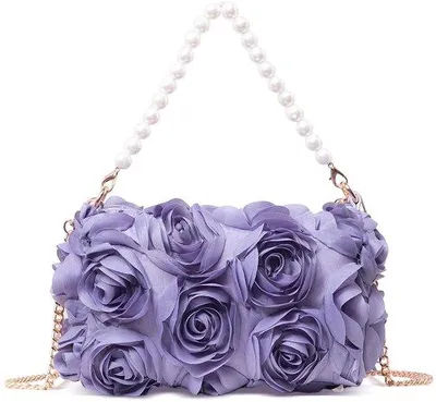 Image de Sac de soirée en mousseline pour femme, orné d'un motif floral en 3D, avec un haut froncé et une poignée, idéal pour les mariages, les bals de fin d'année et les fêtes