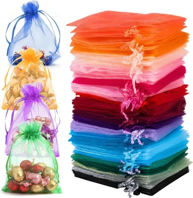 Produktbild von 100 Stück Organzasäckchen, 10 × 12 cm Bunte Organza Beutel mit Kordelzug für Schmuck und Geschenke