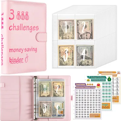 Produktbild von 100 Umschlaege, Geldspar-Challenge, Budgetordner, Kunstledereinband mit Geldumschlag, PVC-Tasche, Reissverschluss/digitale Aufkleber, verwendet als Geld-Organizer-System, Sparplaner, Geburtstagsgeschenk fuer Freunde, Kollegen, Buero, Zuhause, Schule