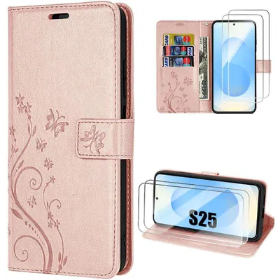 Image de Coque + 2 Verres Trempés pour Samsung Galaxy S25, Cuir Synthétique Rose Motif Papillon Plante avec Porte-Cartes