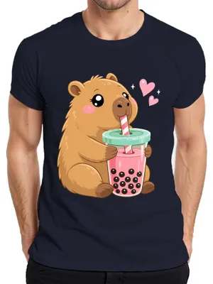 Immagine prodotto di T-shirt da uomo con stampa "Kawaii Capybara Boba Bubble Tea Süß Wasserschwein Japan Nagetier", colore blu navy, taglia L