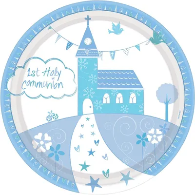 Image de 8 assiettes en carton pour communion, couleur bleue, 23 cm