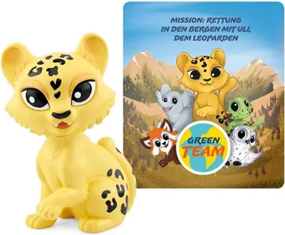 A toy leopard figure next to a marketing card showing cartoon animals.