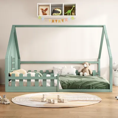 Obrázek produktu pro okwish Dětská postel Platformová postel 140×200 cm s roštem, Dětská postel Domácí postel dřevěná s ochranou proti pádu pro chlapce a dívky, Zelená (Bez matrace)