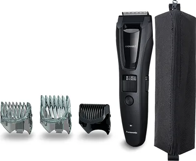 A black Panasonic beard trimmer and its accessories are laid out on a white background, along with a black storage pouch.