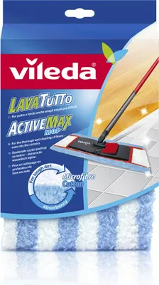 The image shows the packaging of a Vileda mop refill, with a graphic of the mop in use on a tiled floor.