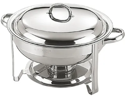 Produktbild von Rundes Edelstahl Chafing Dish, 4 Liter, 420 mm Durchmesser, 270 mm Höhe, mit Speiseneinsatz und Brennpastenbehältern
